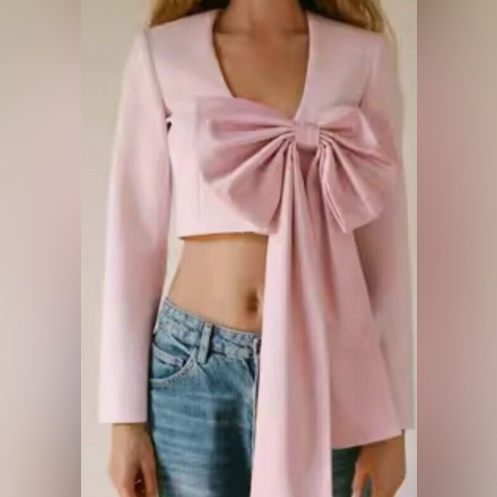 NWT Zara Cropped Blazer With Satin Bow in Chalk Pink Size XS